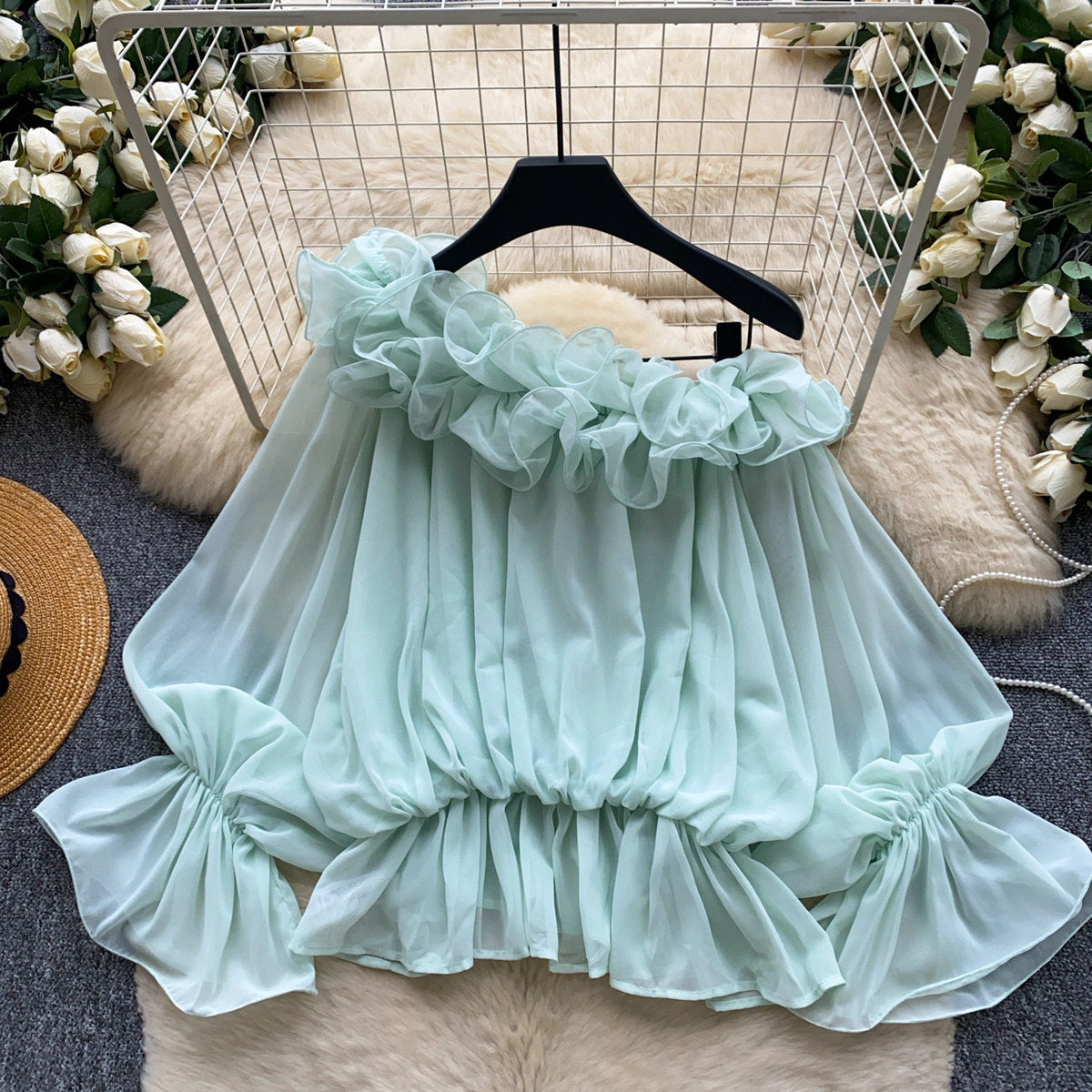 Womens Solid-color Off-shoulder Chiffon Blouse With Ruffled Trim