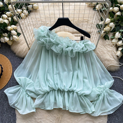 Womens Solid-color Off-shoulder Chiffon Blouse With Ruffled Trim