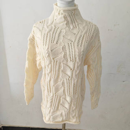 Women's Turtleneck Hollow Cable Knit Sweater, 2026 Fall Winter Loose Long Sleeve Pullover, Solid Color Knit Base Top
