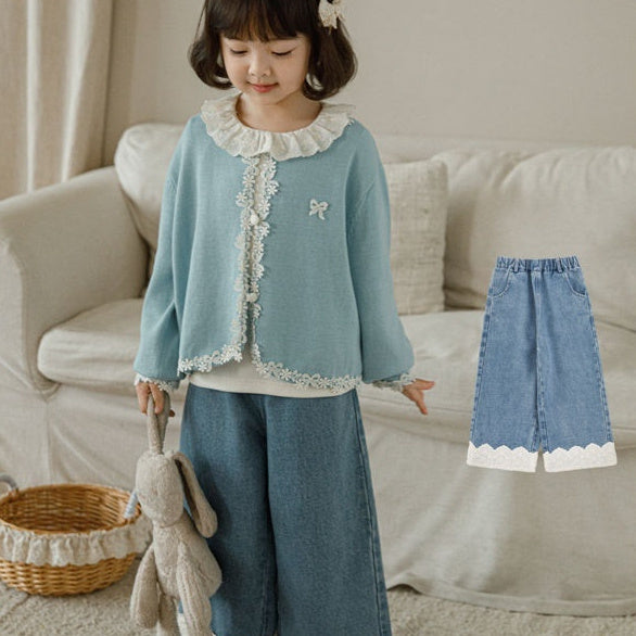 Lace-trimmed Denim Cotton Light-blue Wide-leg Pants