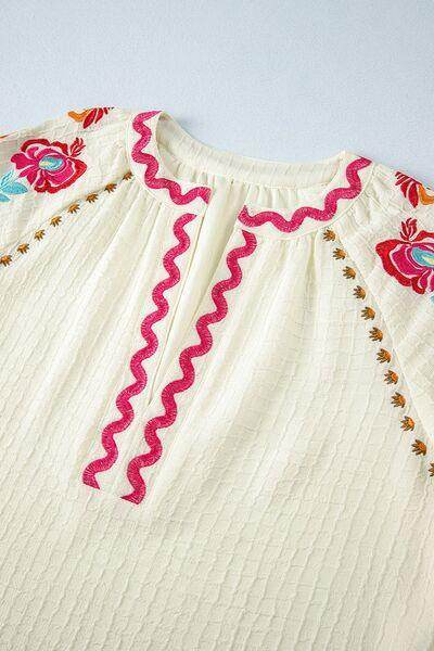 Floral Embroidered Notched Puff Sleeve Blouse for Women