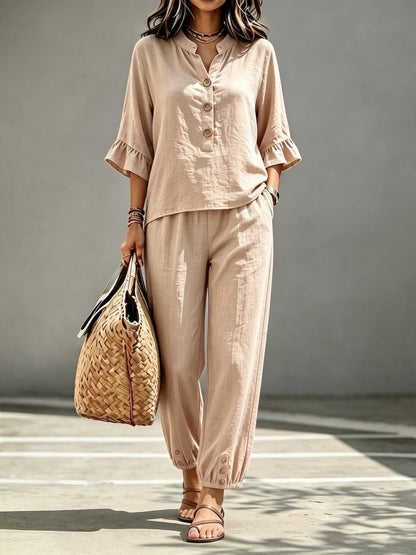 Three-quarter-sleeve Top And Cropped Pants Two-piece Set