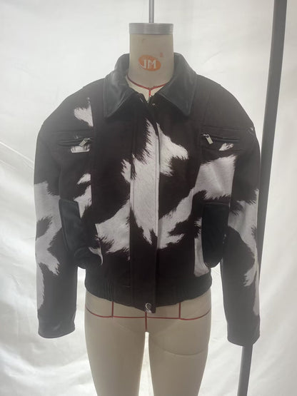 Street-style Hoodless Versatile Short Cow-print Jacket