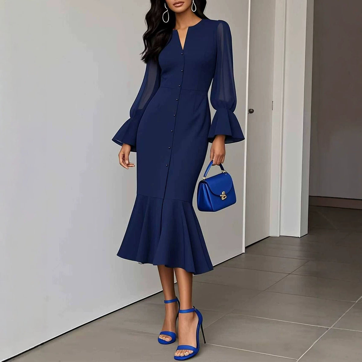V-neck Chiffon Patchwork Puffed Long-sleeve Dress