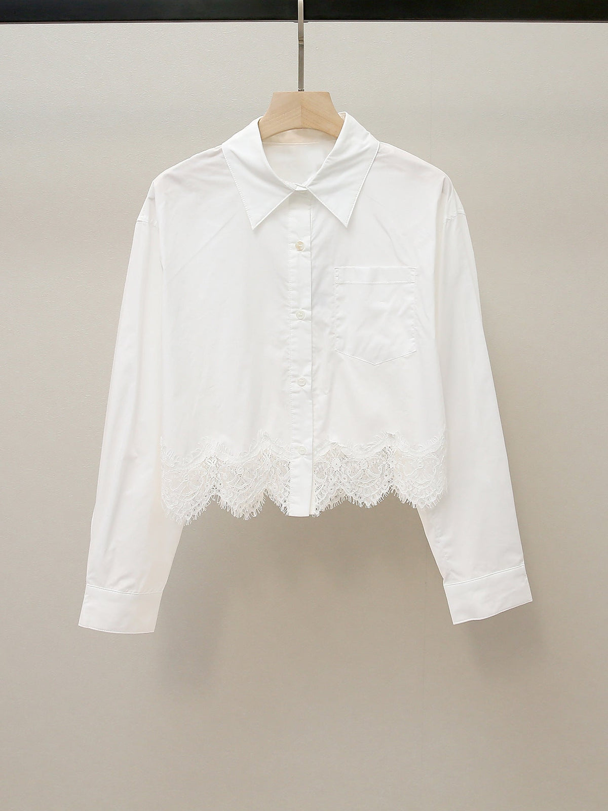 Lapel-neck Lace-panel Long-sleeve Blouse For Women