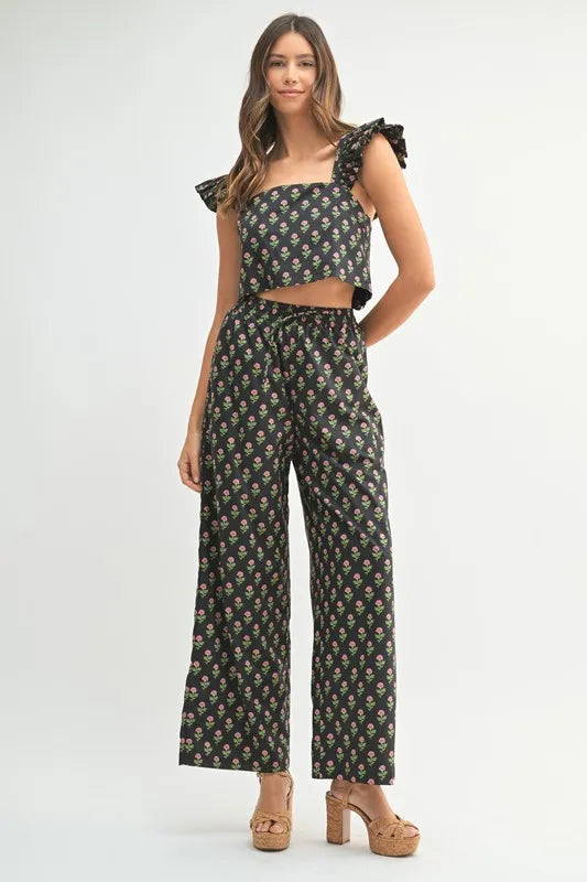 MABLE Floral Print Ruffle Top and Pants Set