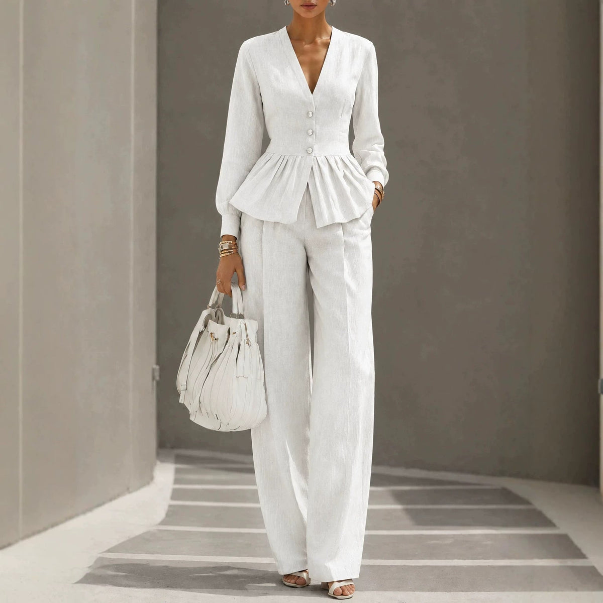 Long-sleeve V-neck Top And Wide-leg Pants Two-piece Set
