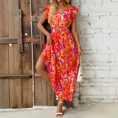 Womens Printed V-neck Dolman-sleeve Dress