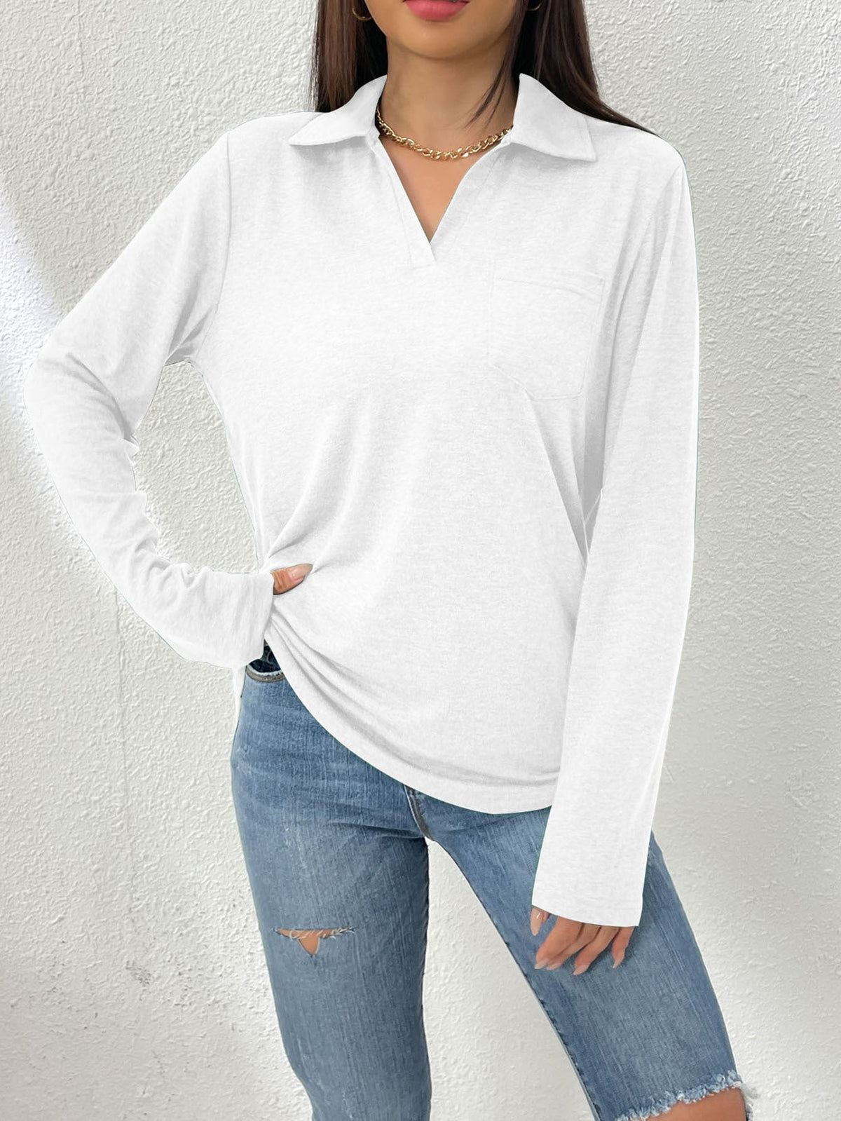 Long-sleeved Simple Solid-color Lapel Collar