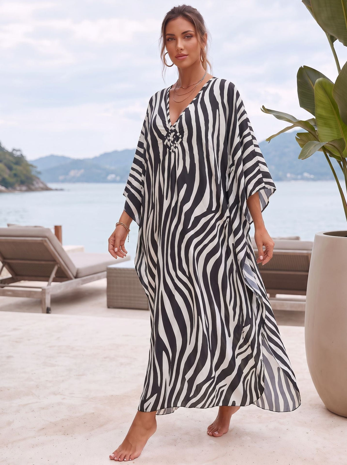 Zebra Printing Beach Cover-ups V-Neck Batwing Sleeves Summer Caftan Dress