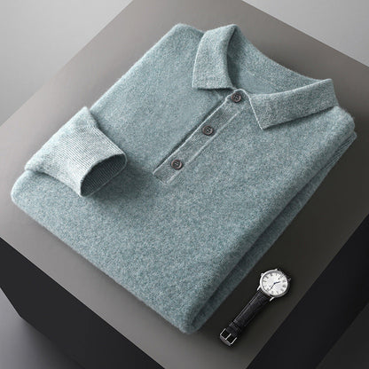 Mens Solid-Color Long-Sleeve All-Wool Polo-Neck Sweater