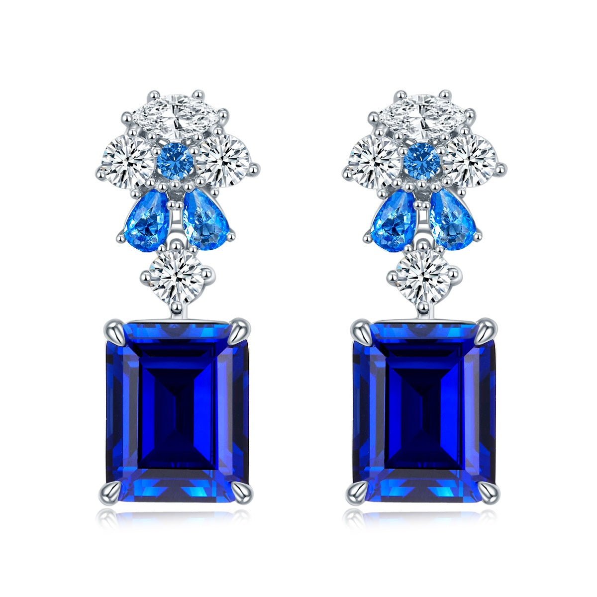 S925 Silver 6.5g 8ct Lab-Created Sapphire Drop Earrings, 10x8mm Emerald Cut, Pair