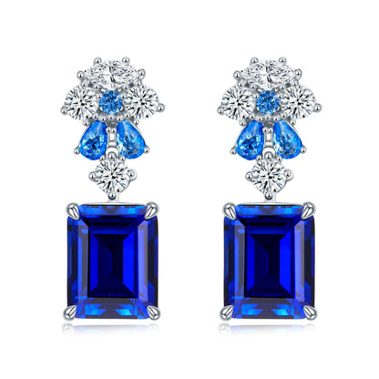 S925 Silver 6.5g 8ct Lab-Created Sapphire Drop Earrings, 10x8mm Emerald Cut, Pair
