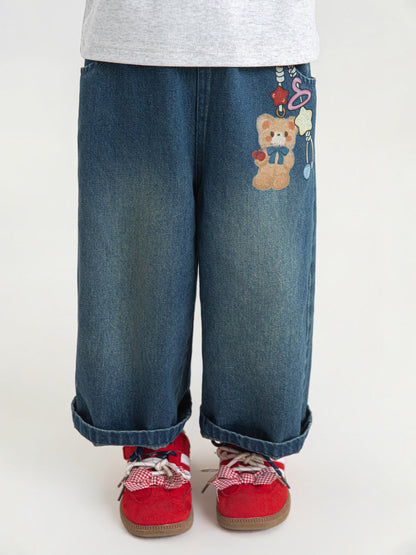 Cute Bear-Print Wide-Leg Stretch-Waist Casual Denim Pants For Kids