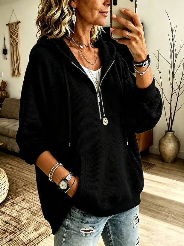 Womens Half-Placket Pullover Corduroy Hoodie
