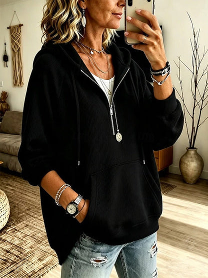 Womens Half-Placket Pullover Corduroy Hoodie