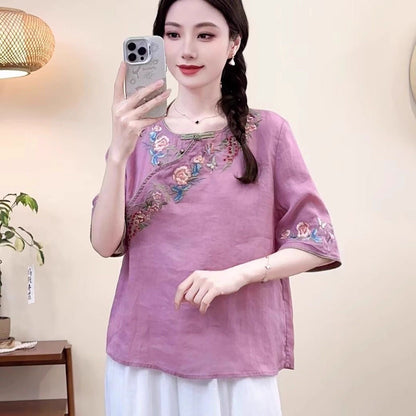 Women's Embroidered Button Cotton-Linen Short-Sleeve ShirtThree-Quarter Sleeve Top