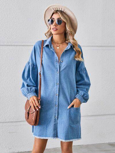 Button Up Pocketed Raw Hem Denim Dress for Women