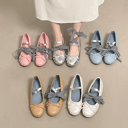 Women Sweet Fairy Gingham Check Ribbon Ankle Wrap Mary Jane Ballet Flats, Split Toe Mini Front Bow Single Strap Soft Leather Convertible Two-Way Wear Casual Daily Picnic Doll Slippers Pastel