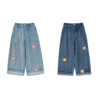 Wide Leg Embroidered Wrinkle Resistant Jeans