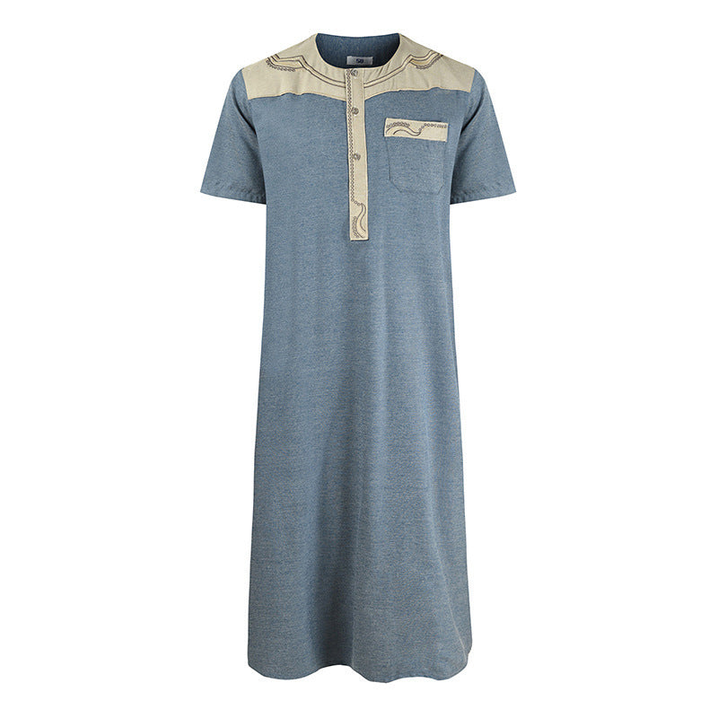 Men's Robe Pocket Contrast Color Short Sleeve