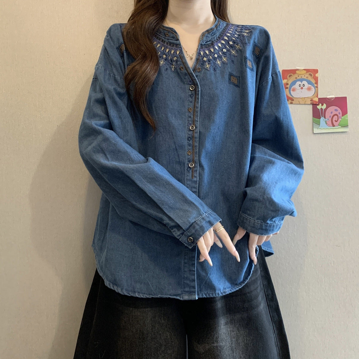 Retro Ethnic-Style Embroidered Denim Shirt For Women