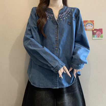 Retro Ethnic-Style Embroidered Denim Shirt For Women