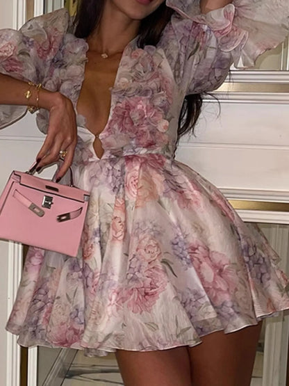 Floral Print Ruffled Mini Dress with Deep V-Neck