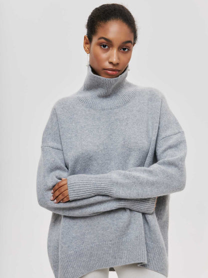 Women's Oversized Turtleneck Sweater, Solid Color Long Sleeve Loose Knit Pullover, Casual Fall Winter Basic Knit Top For Ladies
