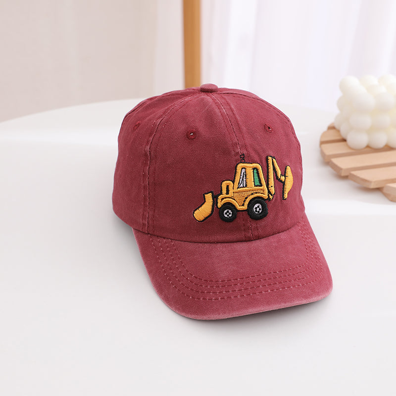 Children's Water-washed Embroidered Digging Machine Baseball Cap For Outdoor Leisure, Sun Protection, Versatile And Stylish.