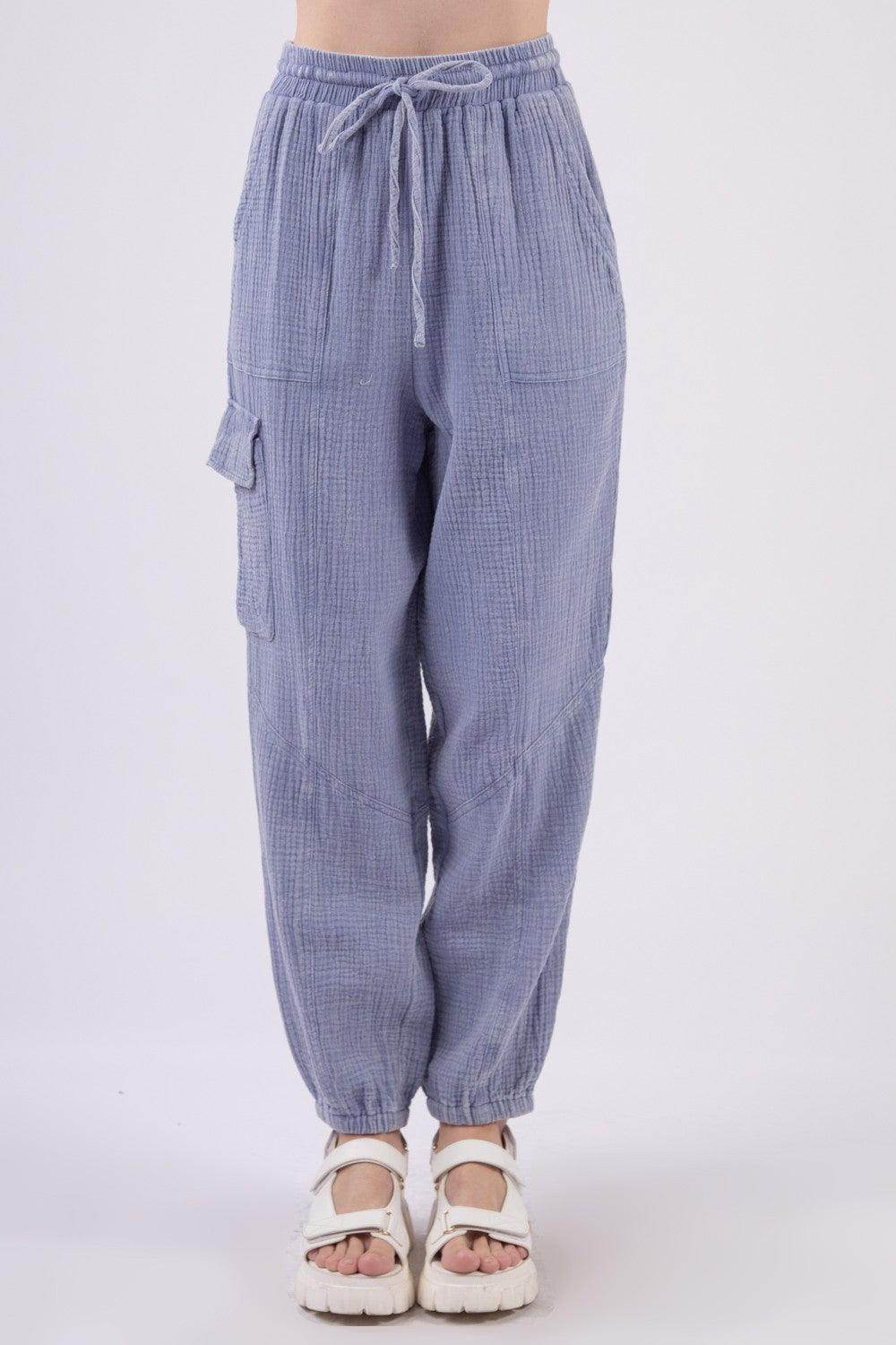 Very J Washed Woven Crinkle Gauze Cargo Pants for Women