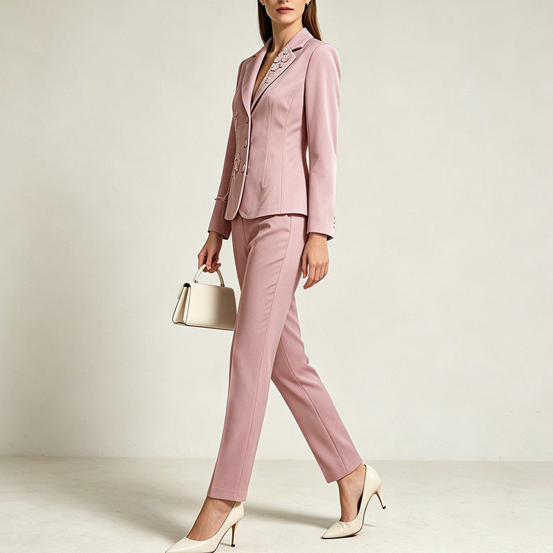Embroidered Floral Applique Blazer & Straight-Leg Pants Suit Set