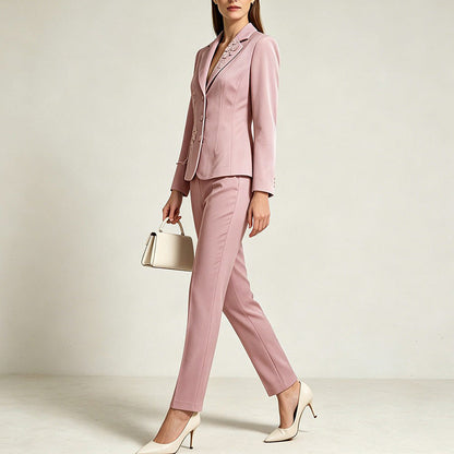 Embroidered Floral Applique Blazer & Straight-Leg Pants Suit Set