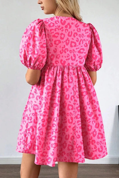 Leopard Tie Front Puff Sleeve Dress