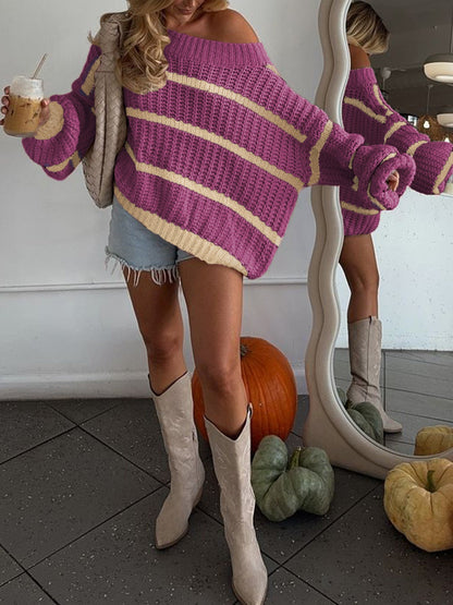 Off-shoulder Collar Color-block Striped Loose Casual Top For Halloween