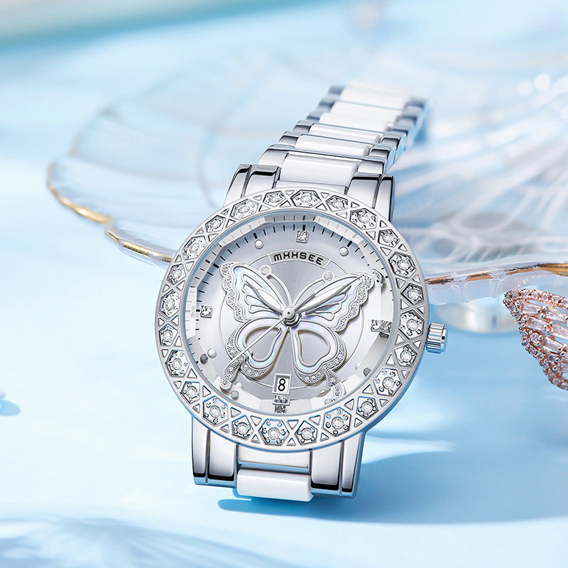Butterfly Diamond-encrusted Luxury Women's Watch With Calendar And Steel Strap
