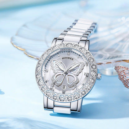 Butterfly Diamond-encrusted Luxury Women's Watch With Calendar And Steel Strap