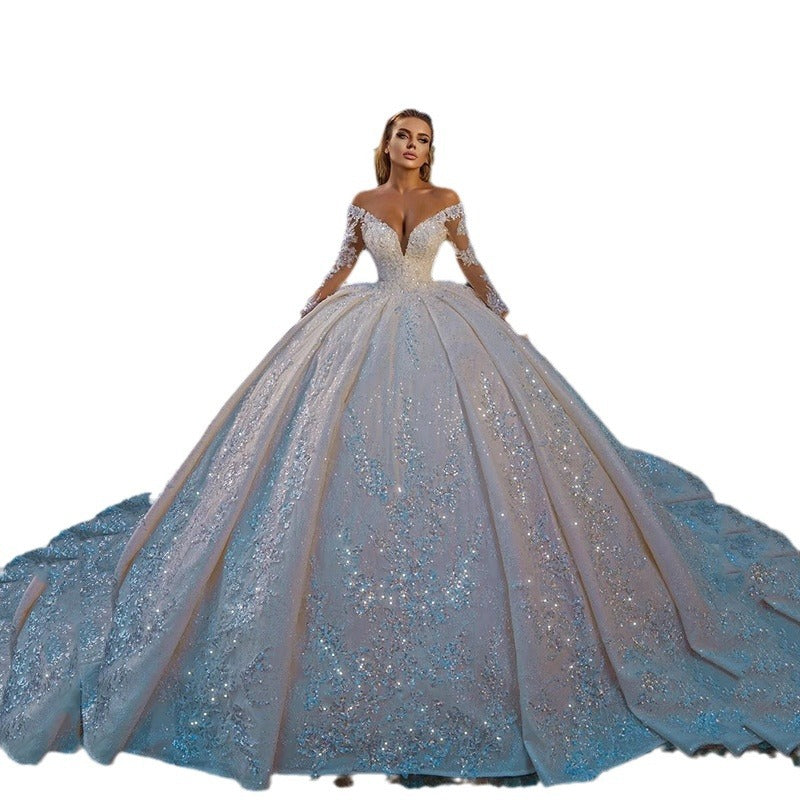 Fashion Shiny Long Sleeve Ball Gown Fitted Waist Backless Sequin Wedding Dress