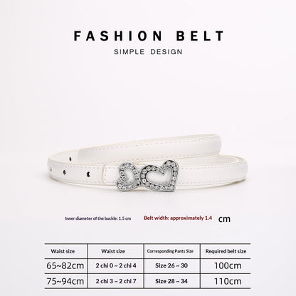 Genuine Cowhide Women's Slim Belt - Heart Shape Rhinestone Decorated Thin Waist Strap for Dress