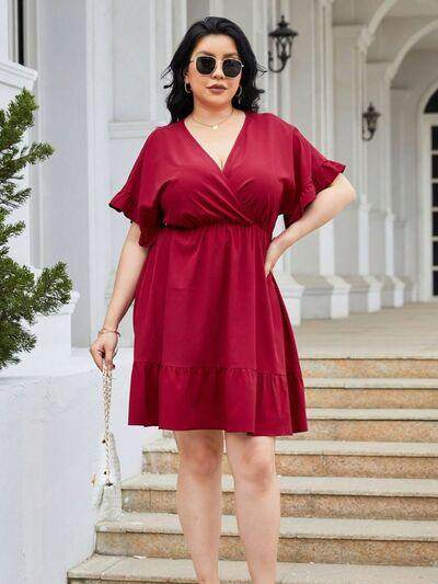 Plus Size Ruched Surplice Flounce Sleeve Mini Dress Online