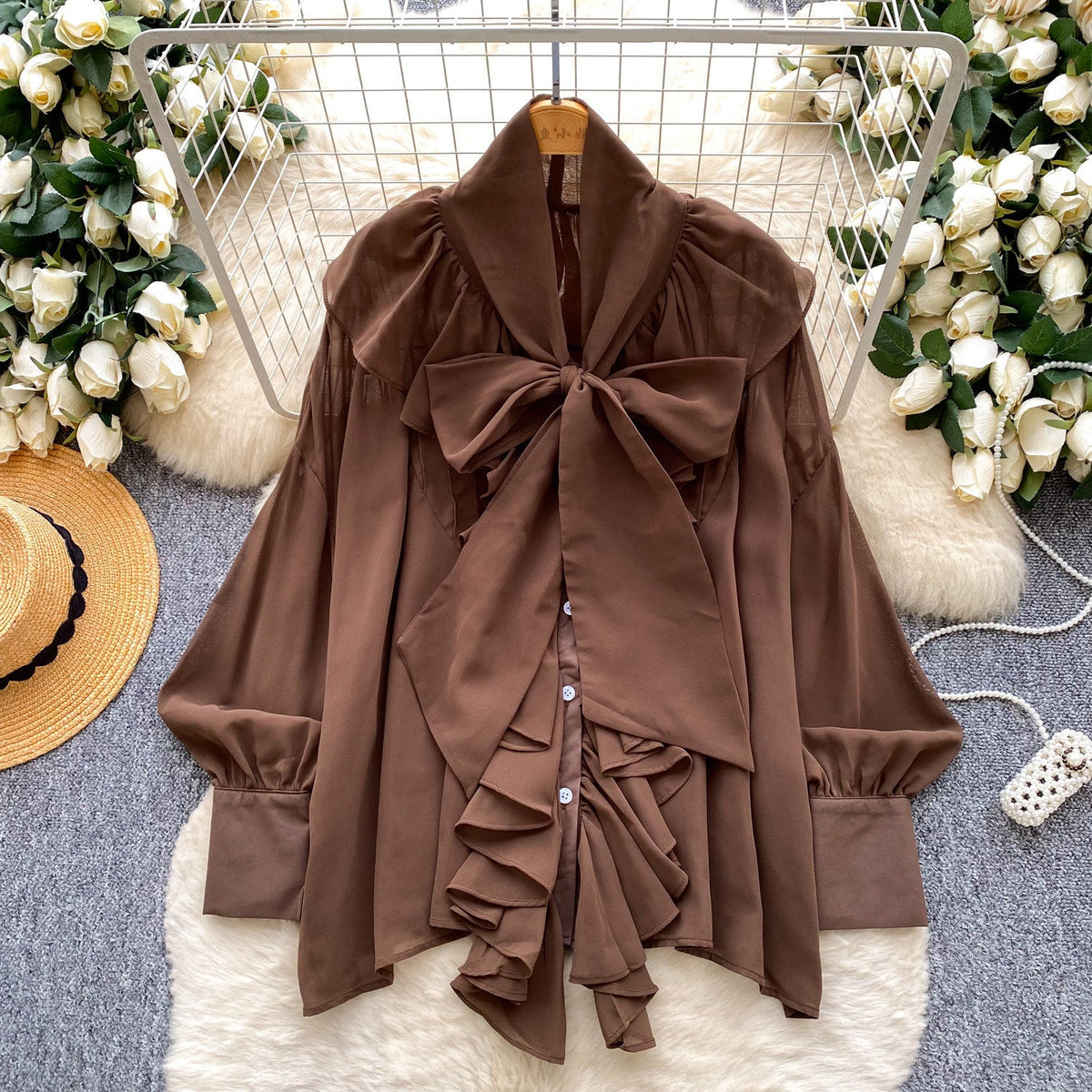 Womens Solid-Color Chiffon Blouse With Ruffled Hem And Long Sleeves