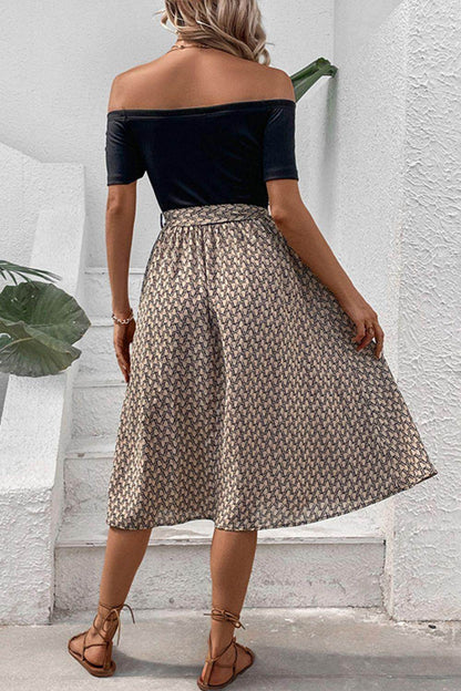 Perfee Printed Tie Belt Off-Shoulder Dress for Women