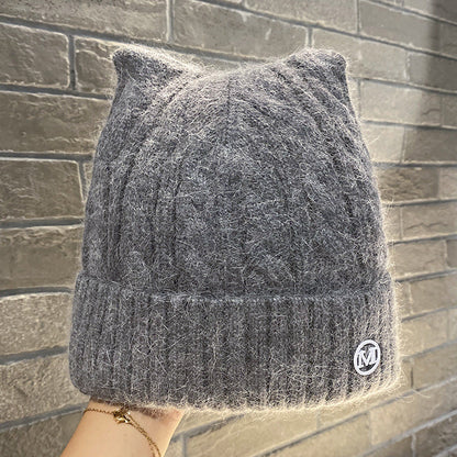 Cute Cat-ear Knitted Wool Warm Hat Versatile Face-slimming