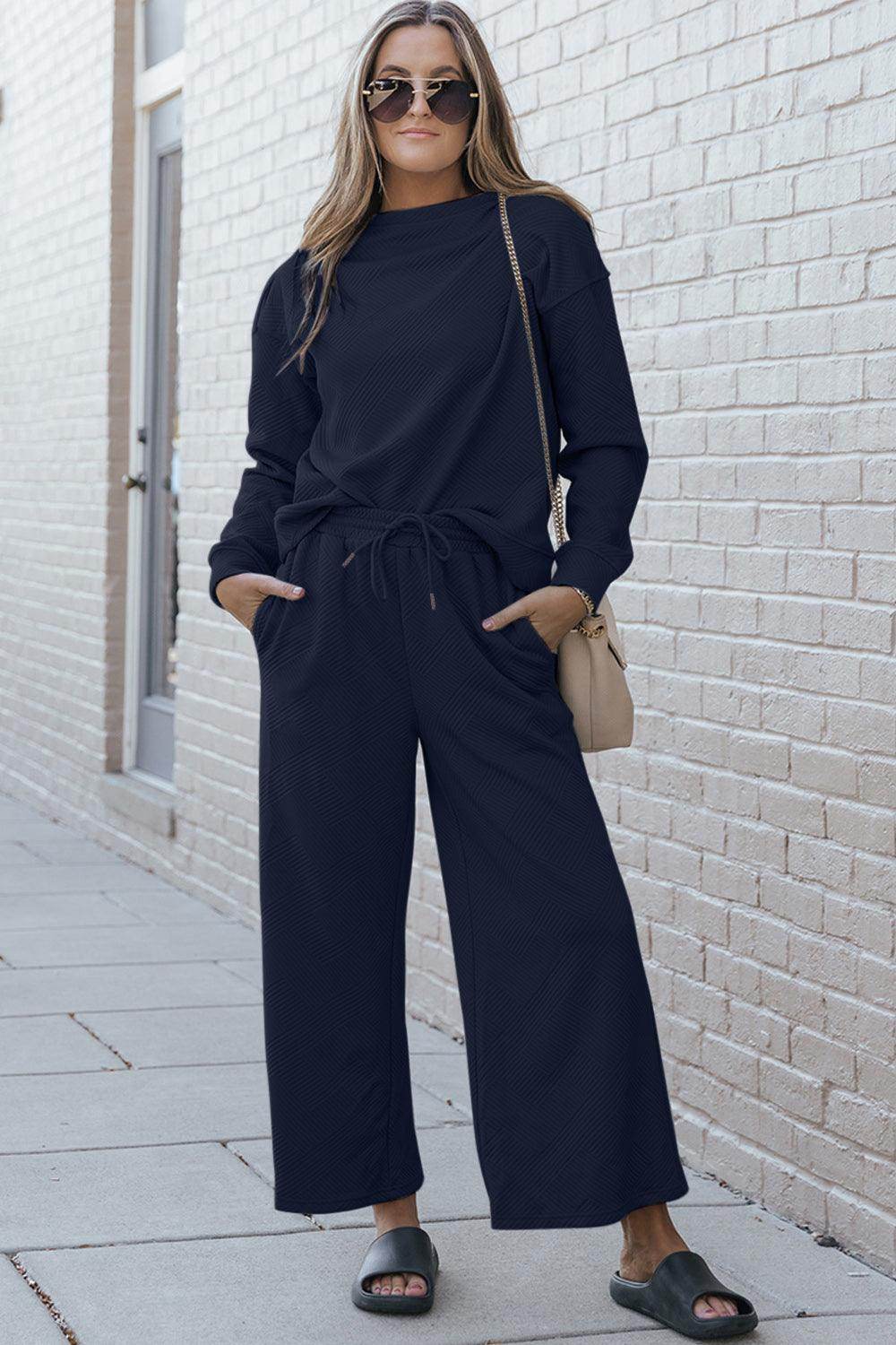 Double Take Full Size Textured Long Sleeve Top and Drawstring Pants Set for Women
