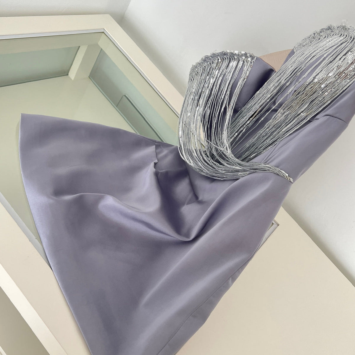 Lustrous Silver Shimmer Sexy Strapless Women's Paneled Lavender Satin Ball Bridesmaid Ceremony Bodycon Dress