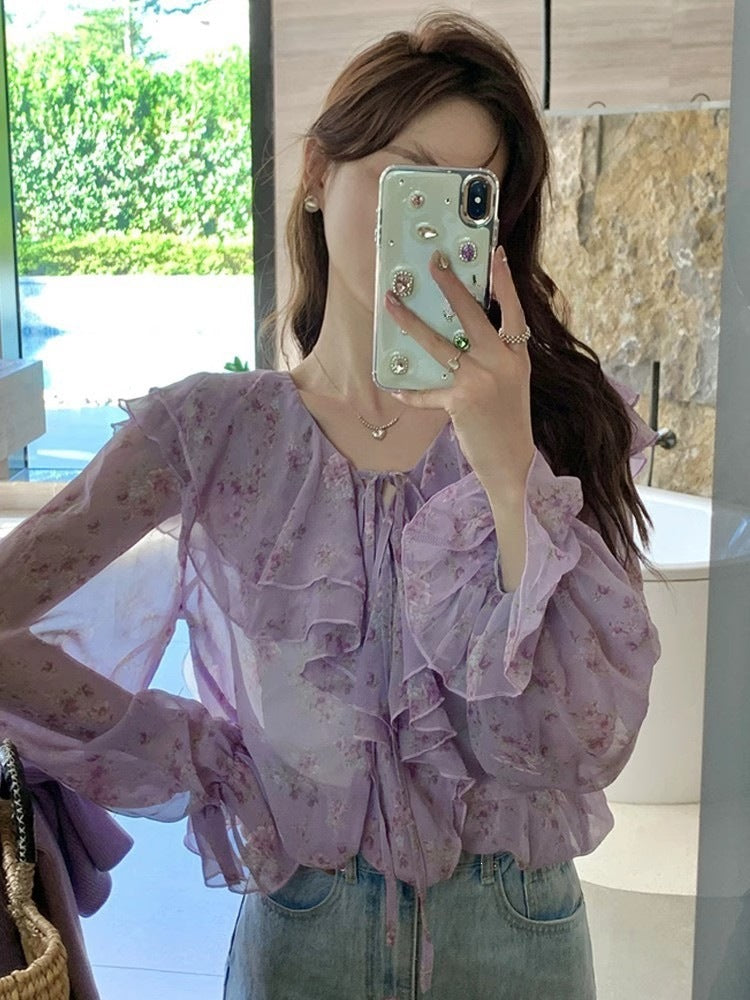 Womens Versatile Floral-print Bow-tie Lace-up Blouse