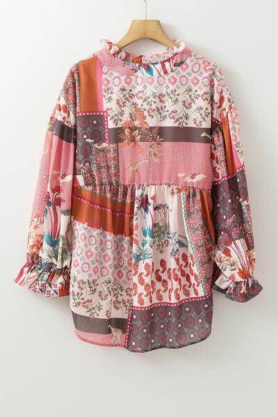 Patchwork Printed Notched Flounce Sleeve Shirt for Women