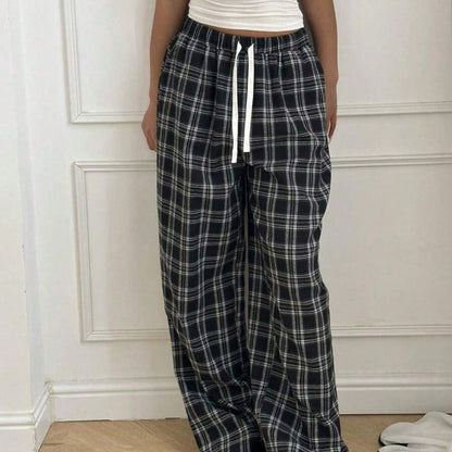 Women's Plaid Casual High-Waisted Wide-Leg Pants With Drawstring
