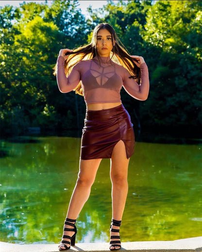 Zipper Black Leather Skirt Women