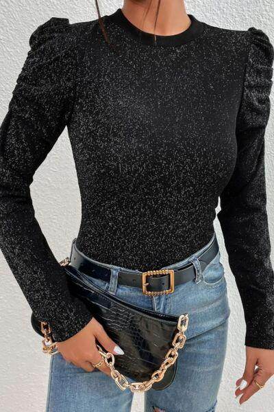 Metallic Round Neck Puff Sleeve Blouse for Stylish Elegance